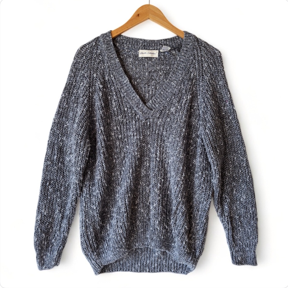Vintage sz L Ramie Cotton Blend Thick Cable Knit V Neck Sweater Oversized Blue